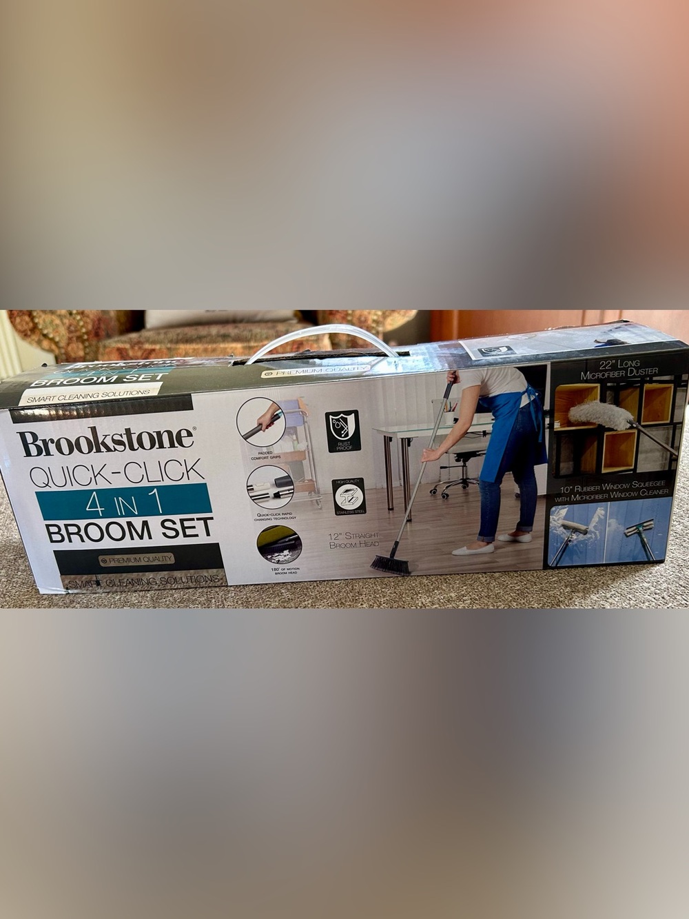 NWT Brookstone 4-in-1 Quick-Click Broom Set Broom, window cleaning set, duster